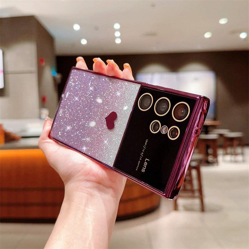 Luxury Love Logo Lens Film Glitter Electroplated Mobile Phone Case for Samsung S23 22 21 Ultra Plus S20 FE A54 53 52 A14 A23 Fall Protection Cases