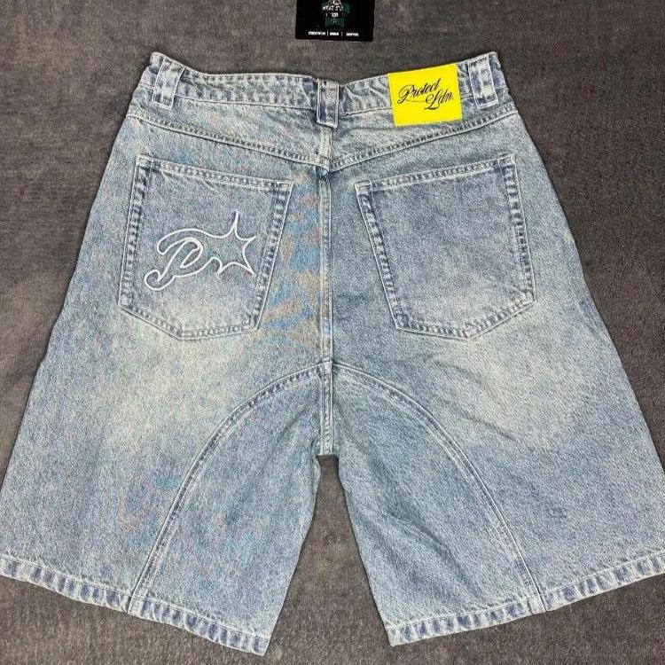 RogueWave Retro Letter Denimshorts Y2K Herren Harajuku Hip Hop Buchstabenstickerei Retro Blau Baggy Shorts Überkniehose Lässige Shorts