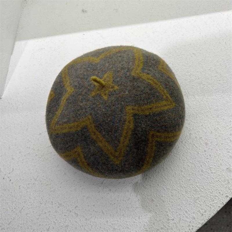 

Жаккардовый берет контрастного цвета, пятиугольный, детский, осенне-зимний, вязаная шапка из австралийской шерсти, шляпа литературного художника, шляпа стюардессы M（56-58cm） зелёный