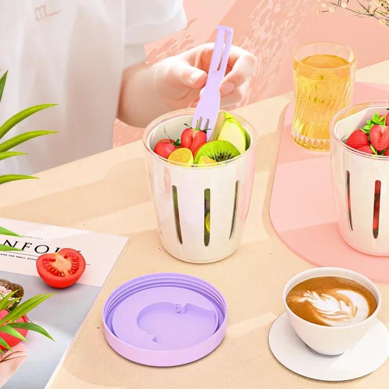 Salad Cup With Fork Cylindrical Plastic Fruit Cup Multifunctional Drainage Function Salad Container, Portable Lunch Box