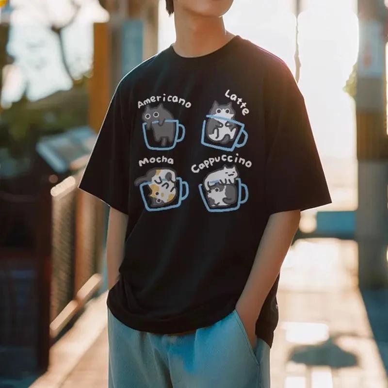 New Cat Coffee Print cotton T-shirt for women's summer New loose fitting men's original Cat Couple Men's casual T-shirt