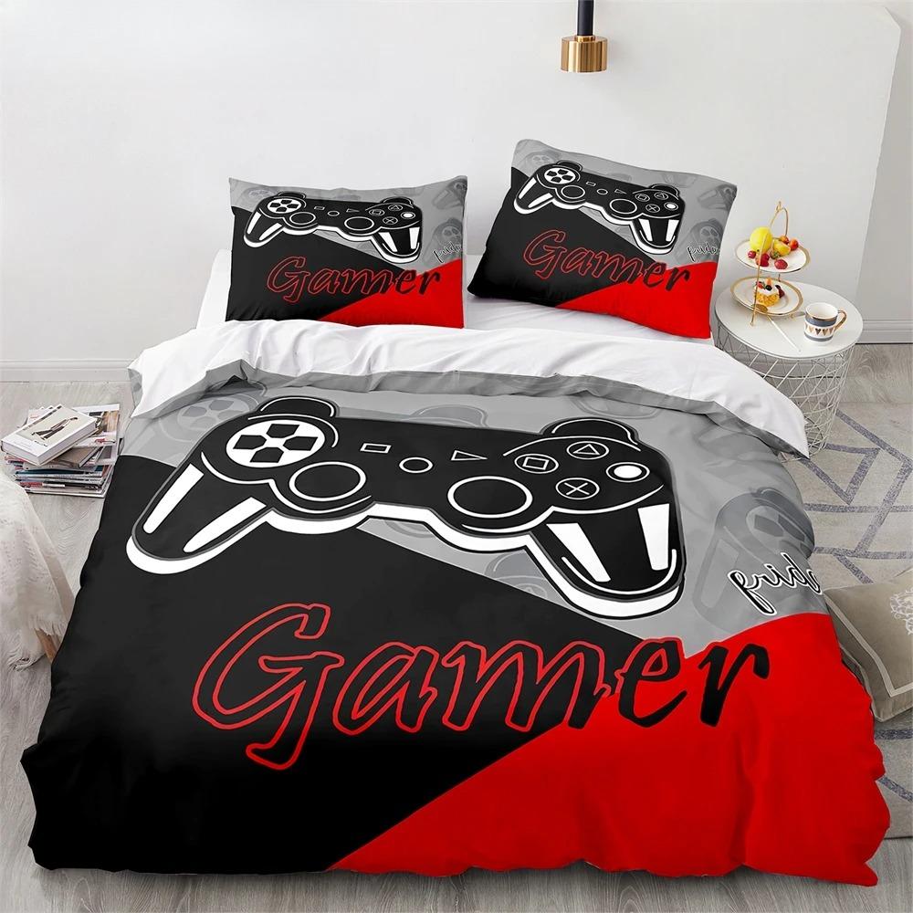 Game King Queen Duvet Cover 3D Black Game Handle Bedding Set for Kids Teens Boys Man Gamer Bedroom Decor Quilt Cover Pillowcase