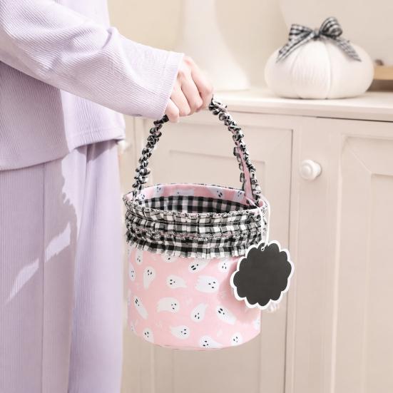 Reusable Holiday Pouch Halloween Pumpkin Ghost Treat Tote, Cute Lace Handle Candy Basket for Festival Bucket Kids, Spooky Gift Bag Trick or