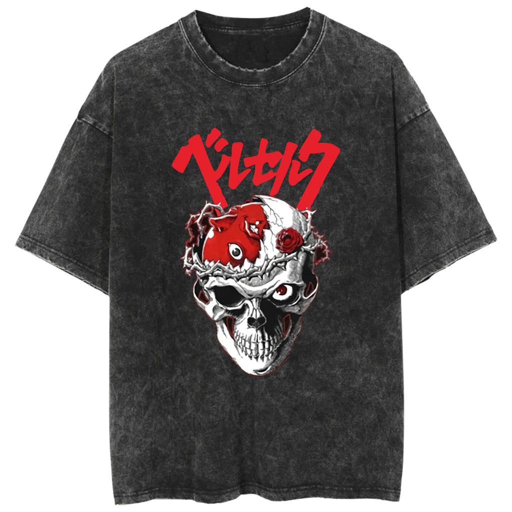 Fit Summer Berserk Stained Leather Washed Vintage Short Sleeve Tshirt Warrior Shirt Retro High Street Loose Cotton Top