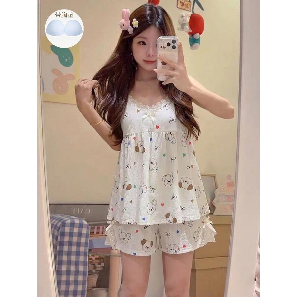 Pajamas with Chest Pads, Women's Summer Clouds, Cotton Feeling, Advanced Feeling, Can Be Worn Outside, Cartoon Suspenders, Shorts, Loungewear Set
