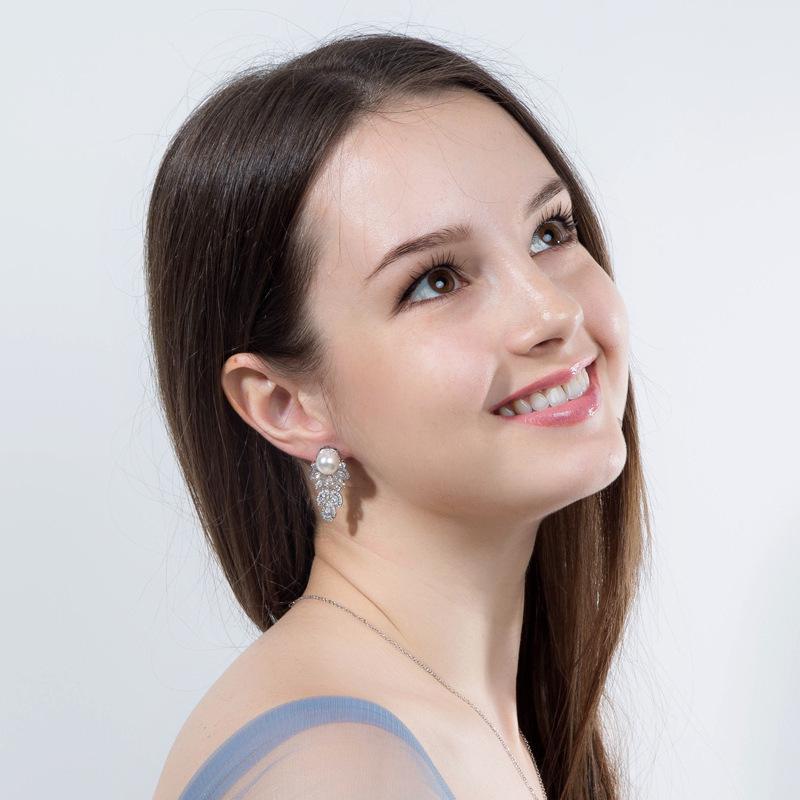 Temperament Sterling Silver Pearl Earrings, Water Drop Horse Eye Zircon Ear Jewelry