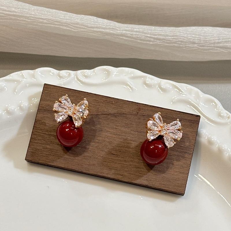 

Rich and Valuable Gold and Silver Jewelry - Butterfly Knot Pearl Zircon Earrings for Women - Light Luxury High-Class Style Versatile Earrings Earrings красный