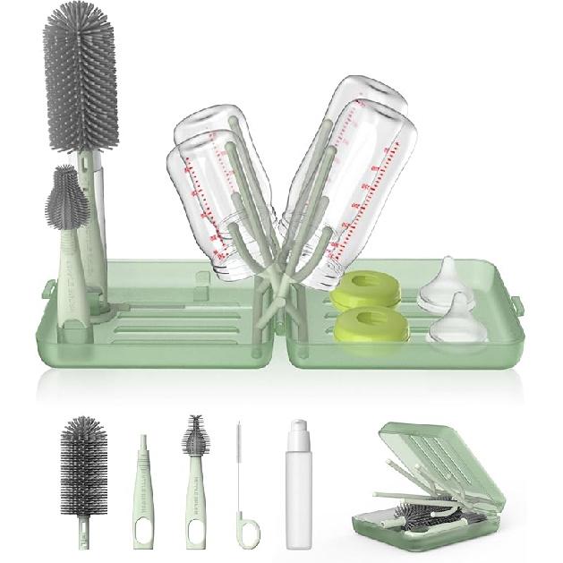 YOTIME Travel Bottle Brush Set, Auto-Open Rack & Vertical Brushs Drying Slots, 3 Brushes, Foldable Drying Rack, Dispenser, Travel Baby Essentials for