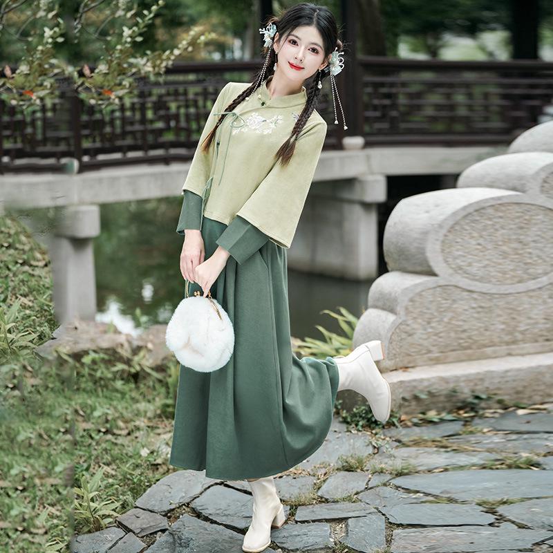Podzimní/Zimní Retro Vyšívaný Tang oblek Hanfu Cheongsam Dvoudílný set
