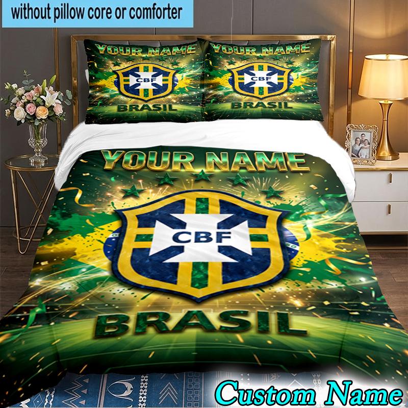 Custom Name Brazi Football Team 3PCS Bedding Set For Bedroom Dormitory,Including 1pc Duvet Cover And 2pcs Pillowcases Large size Fan gift