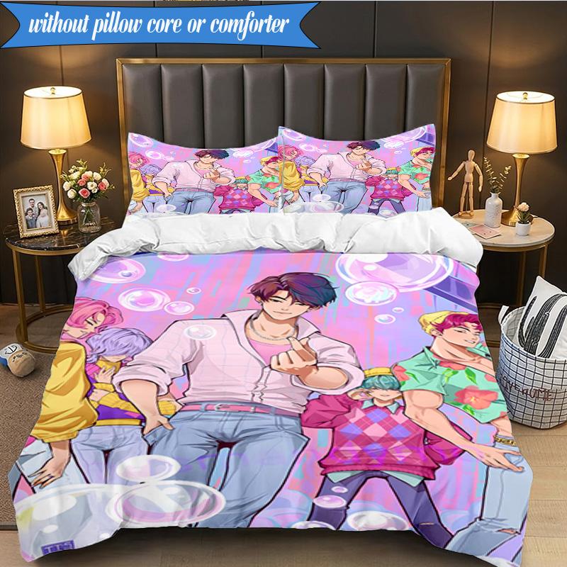 Colorful Kpop Cartoon 3pcs K-pop Music Group Bedding set,Ideal for Bedroom, Dormitory,Including Duvet Cover And 2pcs Pillowcases,Fan Gifts
