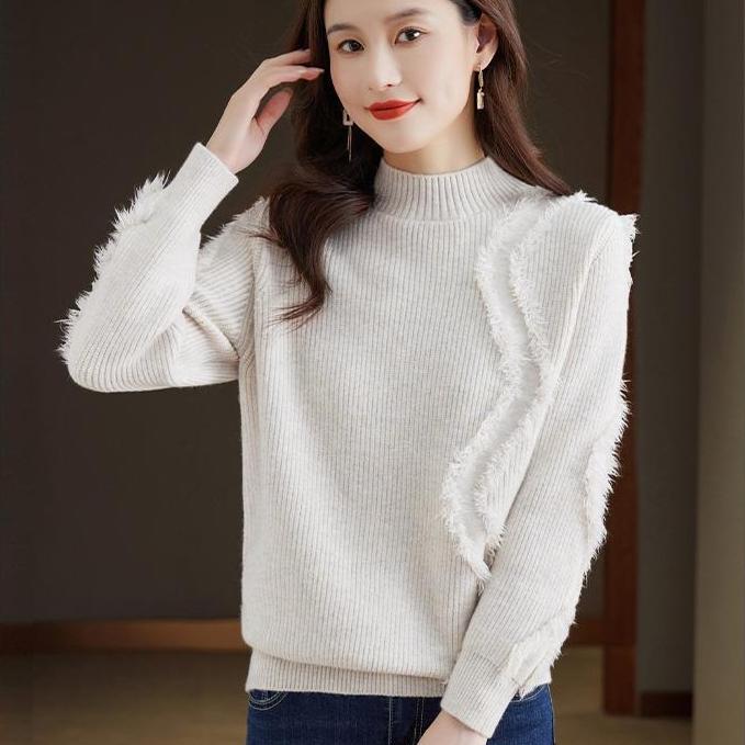 Half Turtleneck Sweater for Women Solid Color Tassel Pullover Fashionable and Casual Loose Knitted Sweater for Women In Autumn and Winter