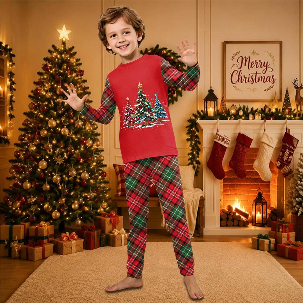 Christmas-print long-sleeve and long-pant matching family loungewear set
