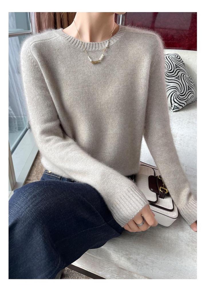 Double-Strand Thickened Cashmere Women's Long Sleeve Sweater - Plain Color, Round Neck, Autumn/Winter Base Layer.