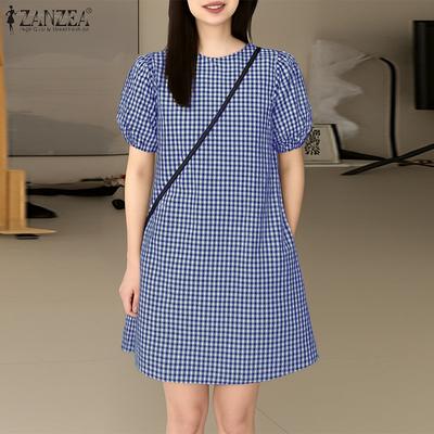 Women Casual Round Neck Grid Print Summer Short Sleeve Dress