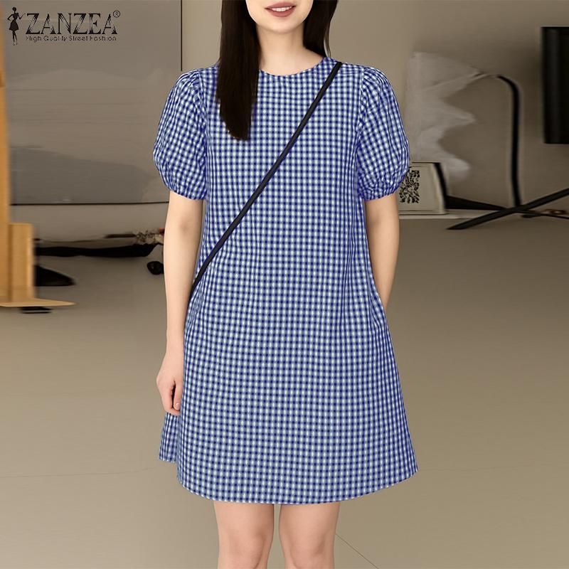 ZANZEA Damen Freizeit Rundhals Gitterdruck Sommer Kurzarm Kleid