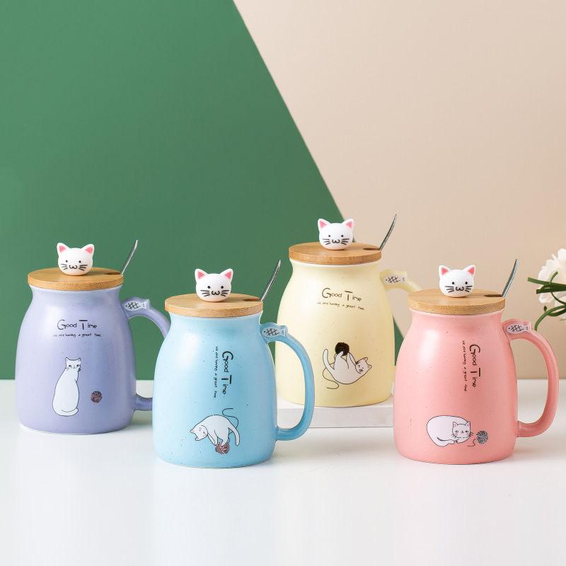 Cute Cartoon Cat Ceramic Mug with Lid and Spoon – Breakfast Coffee Cup