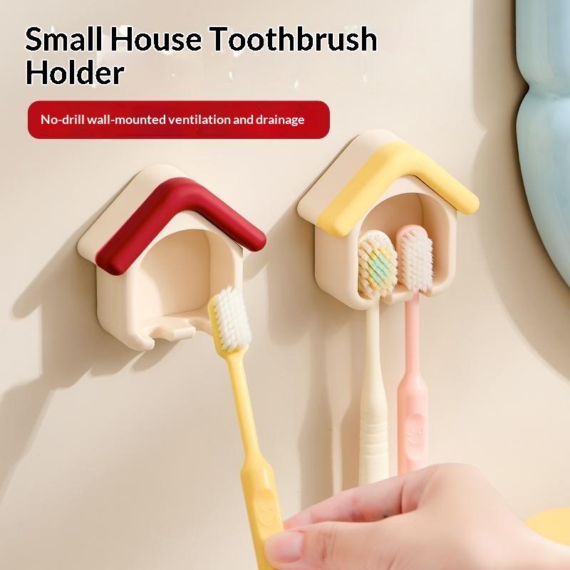 House Shape Toothbrush Holder Punch Free Wall Mounted Toothbrush Storage Rack Draining Bathroom Organizer For Bathroom Decor