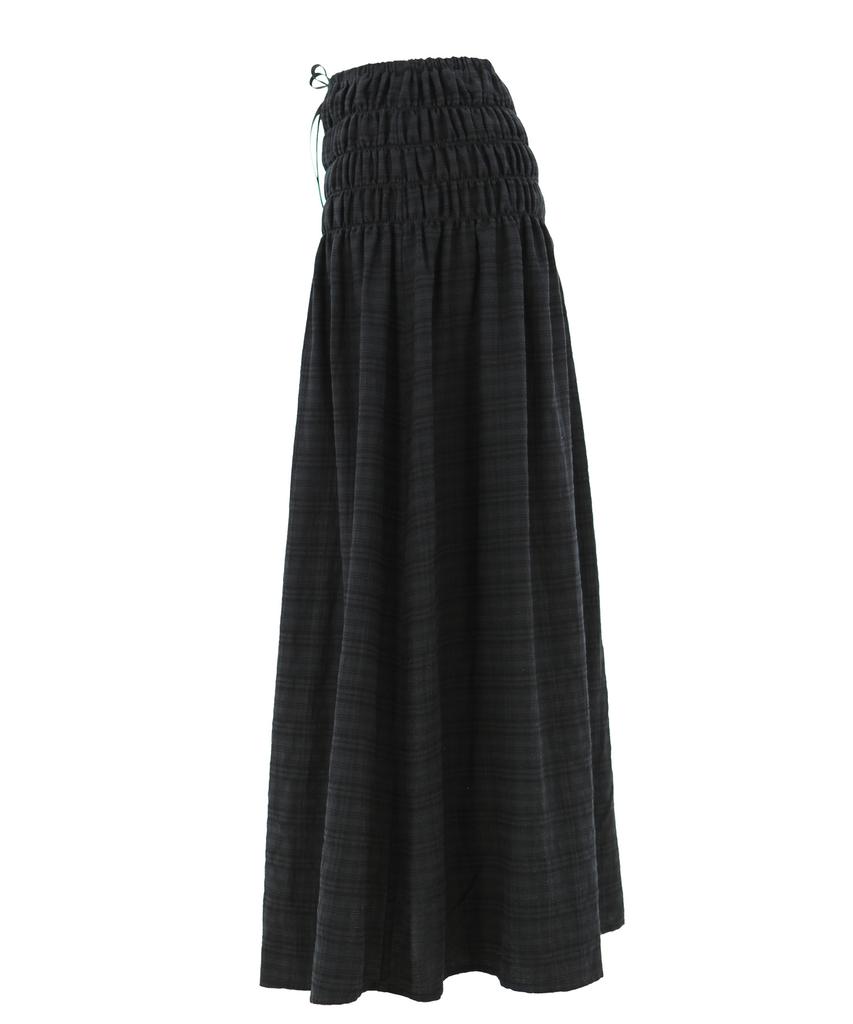 Plasma Sphere Smoke Shirred Check Ribbon Low-Rise Maxi Skirt_Black