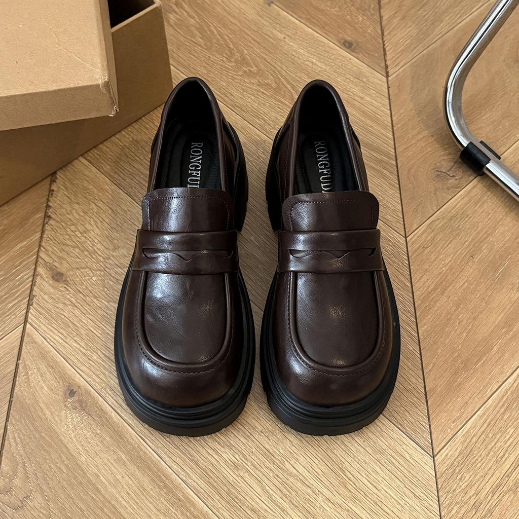 Platform loafers women's 2025 spring new versatile college style single shoes JK style black round head thick heel small leather shoes