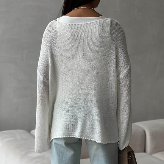 Dame Strikketopper Rund Hals Langermet Genser Topper Løs Passform Ensfarget Høst Pullover Topper Strikk