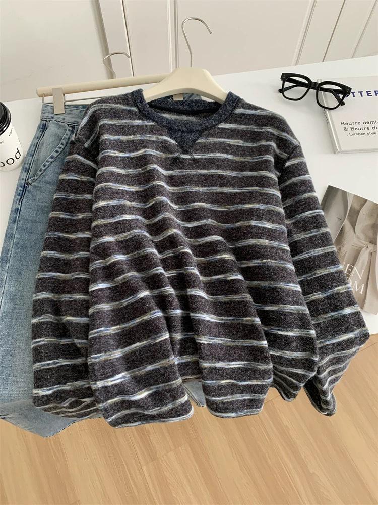 Plus Size Women's Versatile Warm Stripe Hoodie for Fall/Winter