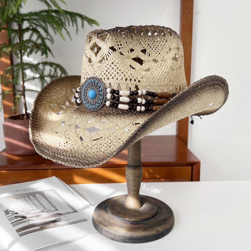 Hollowed-out straw knight hat for women, summer ethnic style sun protection hat, western cowboy straw hat, men's sun hat