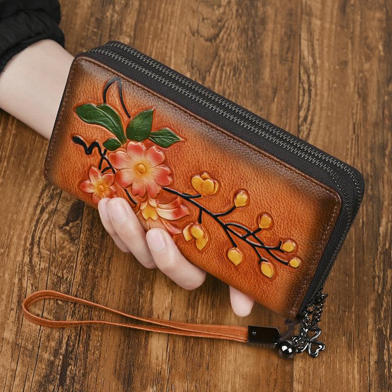 Vegetable Tanned Leather Women's Wallet with Double Zippers, Long Wallet with Embossing, Hand Wiping Process, Anti-theft Brush