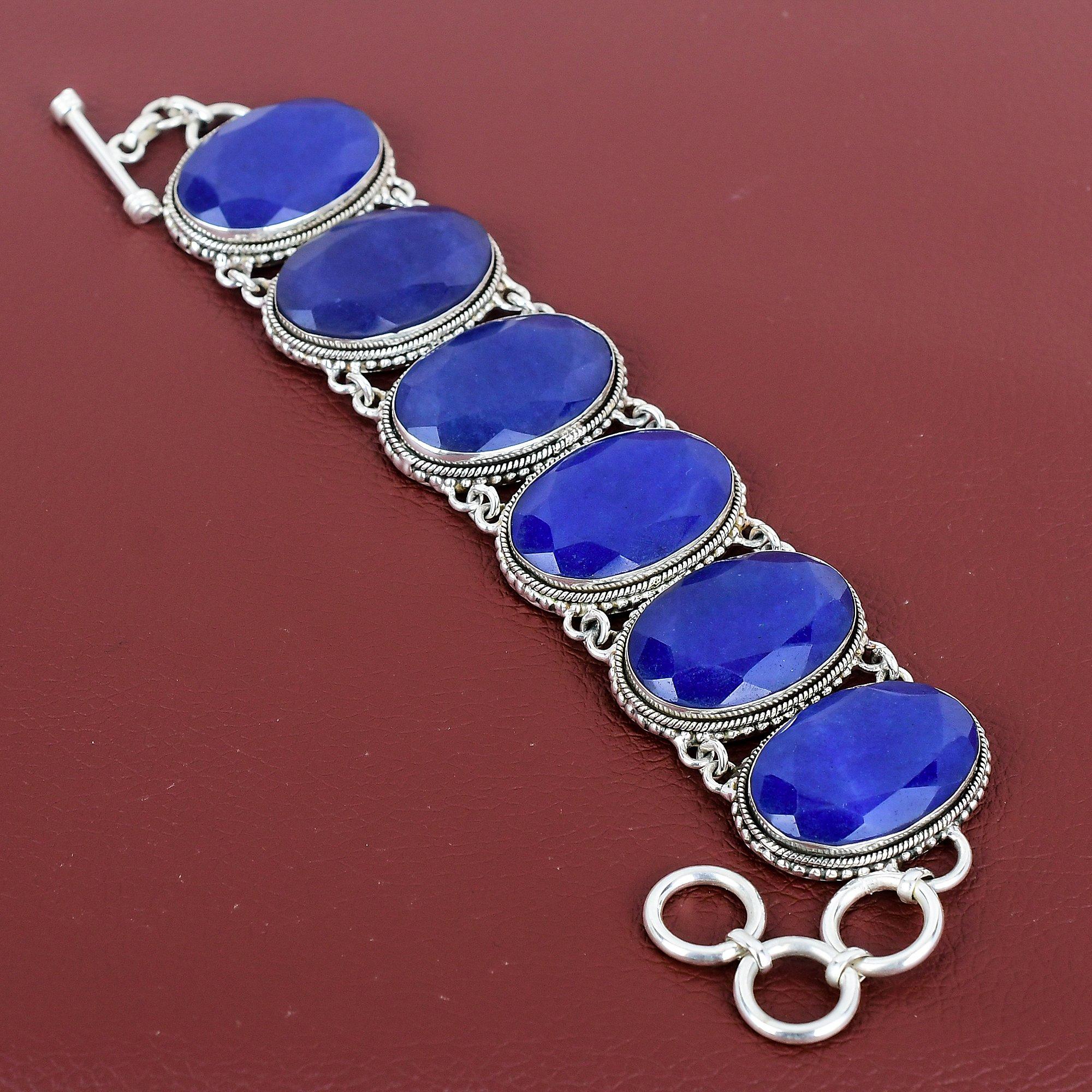 Faceted Blue Sapphire Bracelet 925 Sterling Silver Bracelet Handmade Jewelry Adjustable Chain Bracelet Gemstone Vintage Jewelry Wedding Gift Adjustable