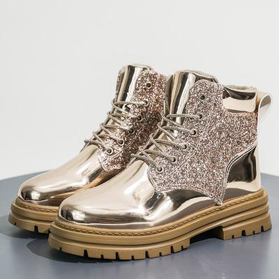 Neues Design Goldene Damen Glänzende Stiefel Pu-Leder Mode Stiefel Für Frauen Lace-Up Plateaustiefel Damen Stiefeletten bota feminina