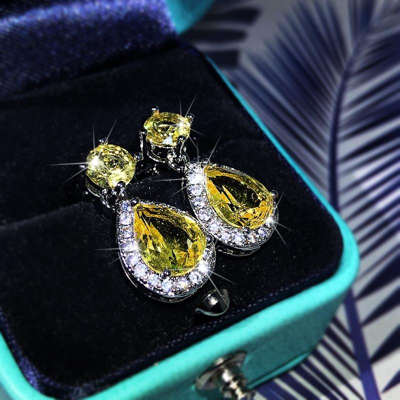 Elegant Temperament Yellow Zircon Drop Earrings  Sterling Silver Four-Claw Diamond Earrings Ladies Party Birthday Jewelry