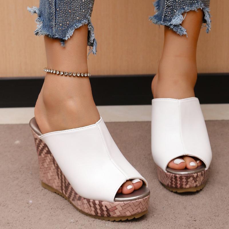 Wedge Heel Slippers Women's New Soft Leather Waterproof Table Super High Heel Thick Bottom Fish Mouth One Word Cool Slippers