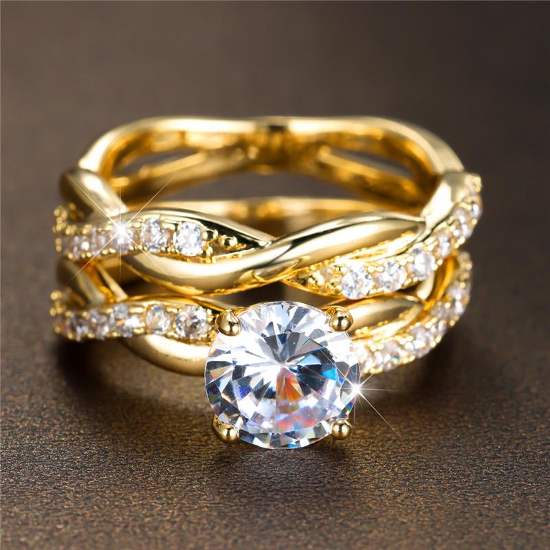 Female Crystal White Round Zircon Stone Engagement Ring Set Luxury Yellow Gold Color Wedding Jewelry For Women
