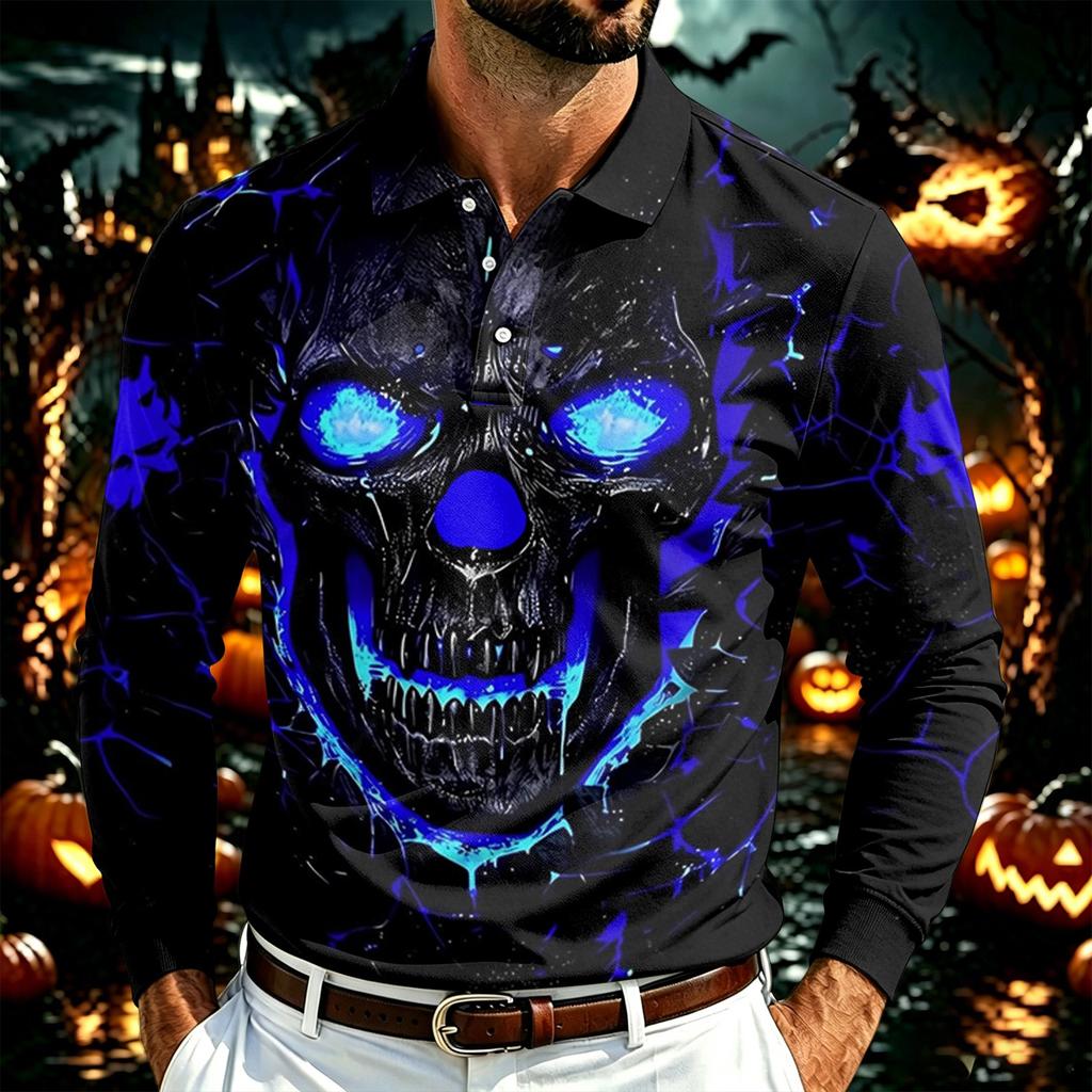 Men's Long Sleeve Mesh Shirt with Collar and Halloween Print Lightweight Breathable Top for Fall