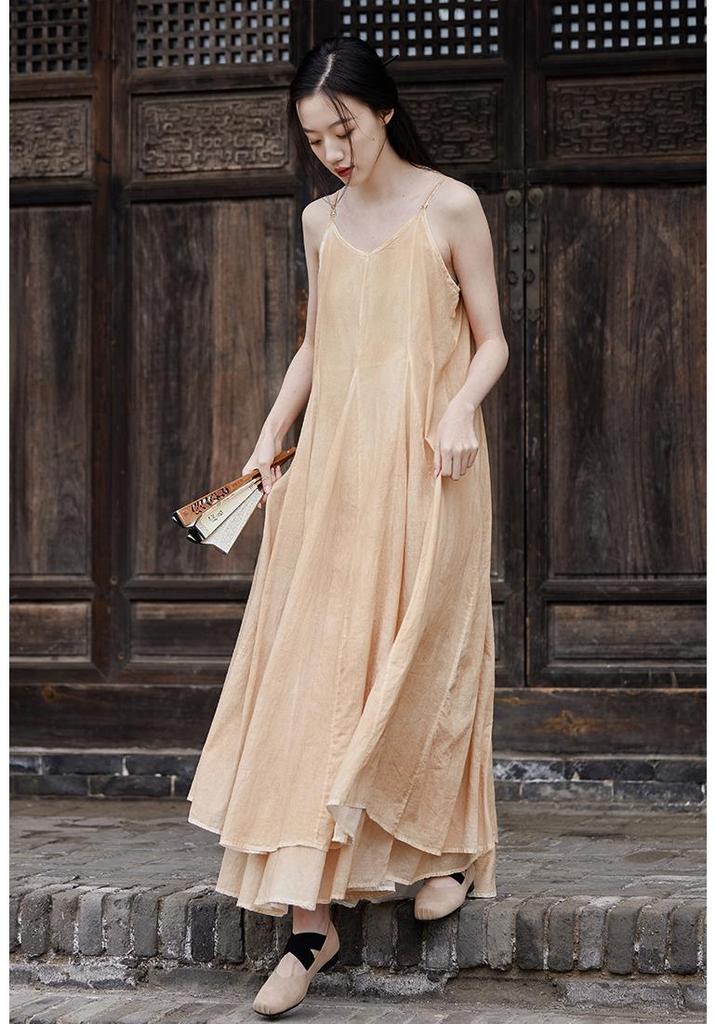 2025 Summer Dark Silent Willow Patchwork Camisole Dress with Large Hem