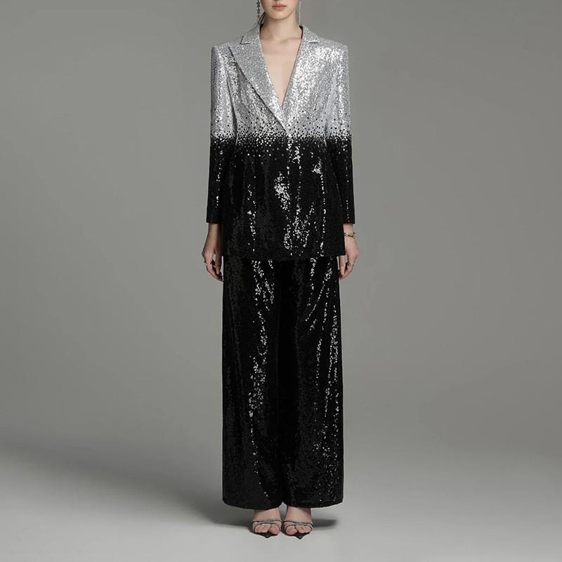 

Popular Gradient Black White Sequined Suit Coat Women s Straight Pants Two-piece Set L чёрный