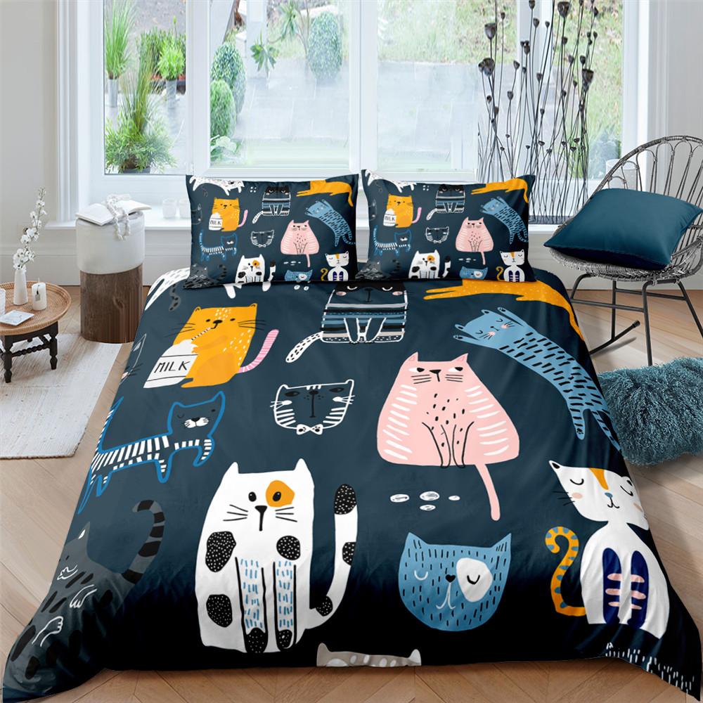 Cartoon Cat Duvet Cover Spaceship Outer Space Pet Animal Golden Line Cover for Kid Boys Girls Youth Gifts for Bedroom Decoration