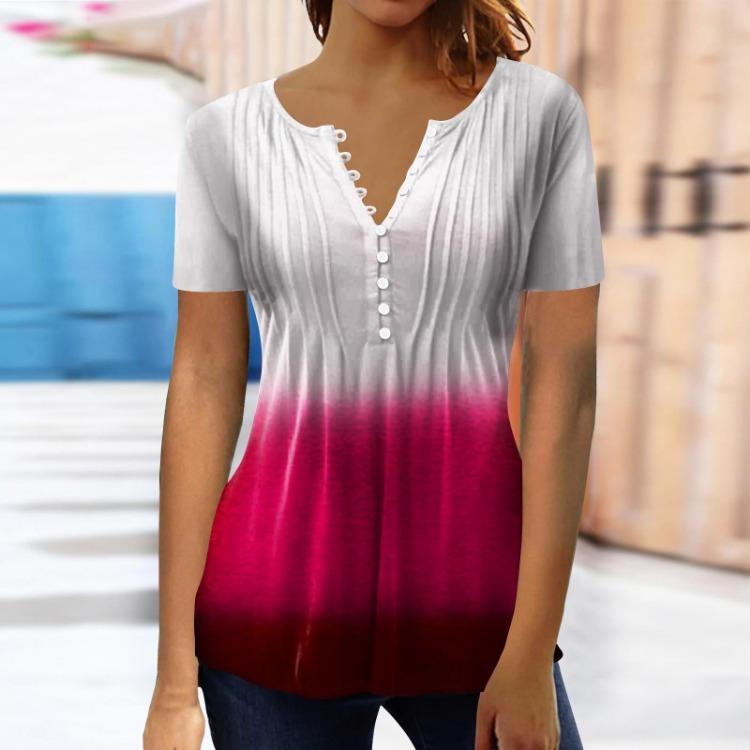 Vintage Gradient Print Women's Casual Shirt Blouse Short Sleeve Button Top Pullover Basic