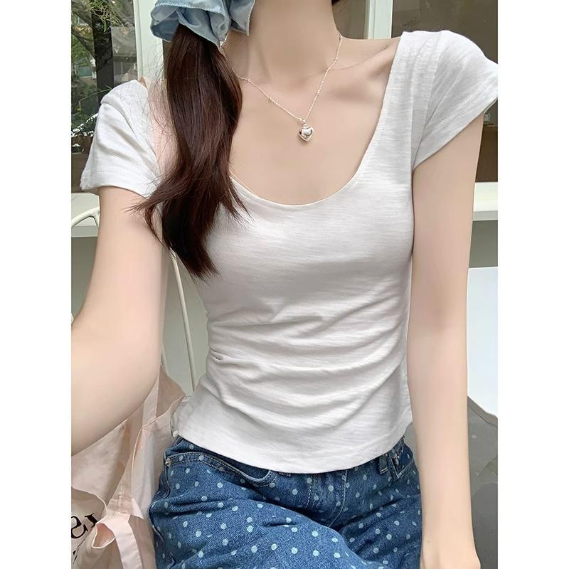 Blue big neckline revealing collarbone sexy short-sleeved bamboo cotton slightly transparent thin T-shirt women's small flying sleeves slim top summer