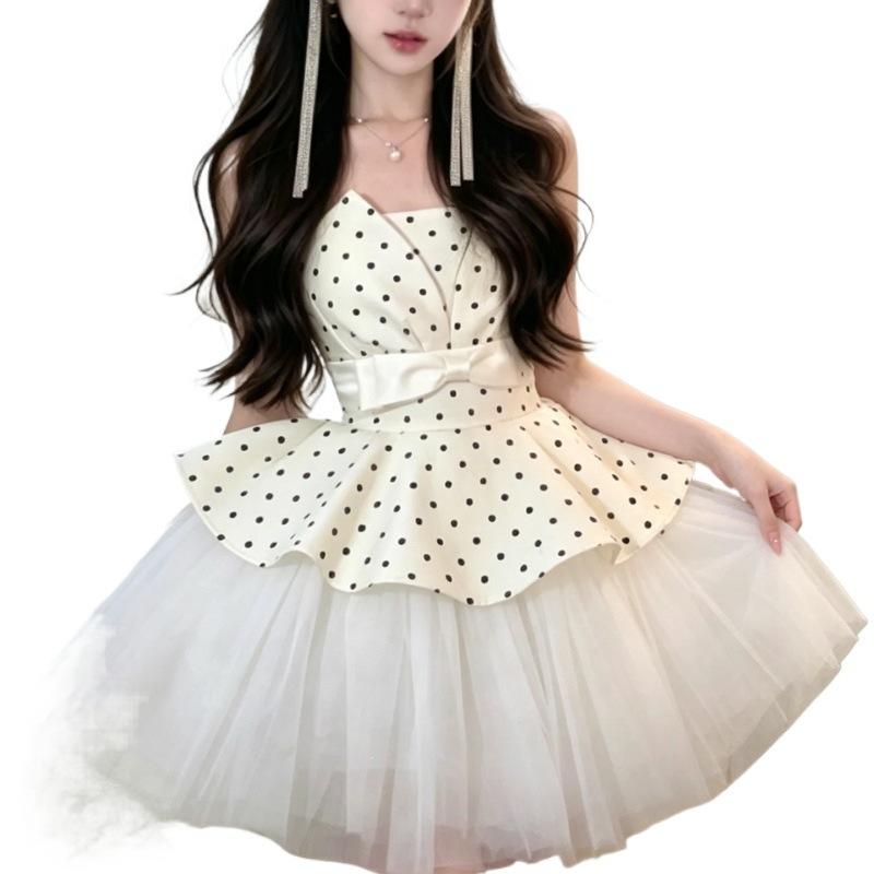 French gentle wind great-looking polka dot splicing waist fluffy mesh skirt design dress summer