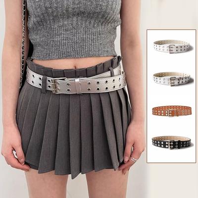 Fashion Punk Double Row Hole Belt Wide Side Y2k Style PU Leather Star Waistbands Jeans Decor All-match Hip-hop Waist Belt Party