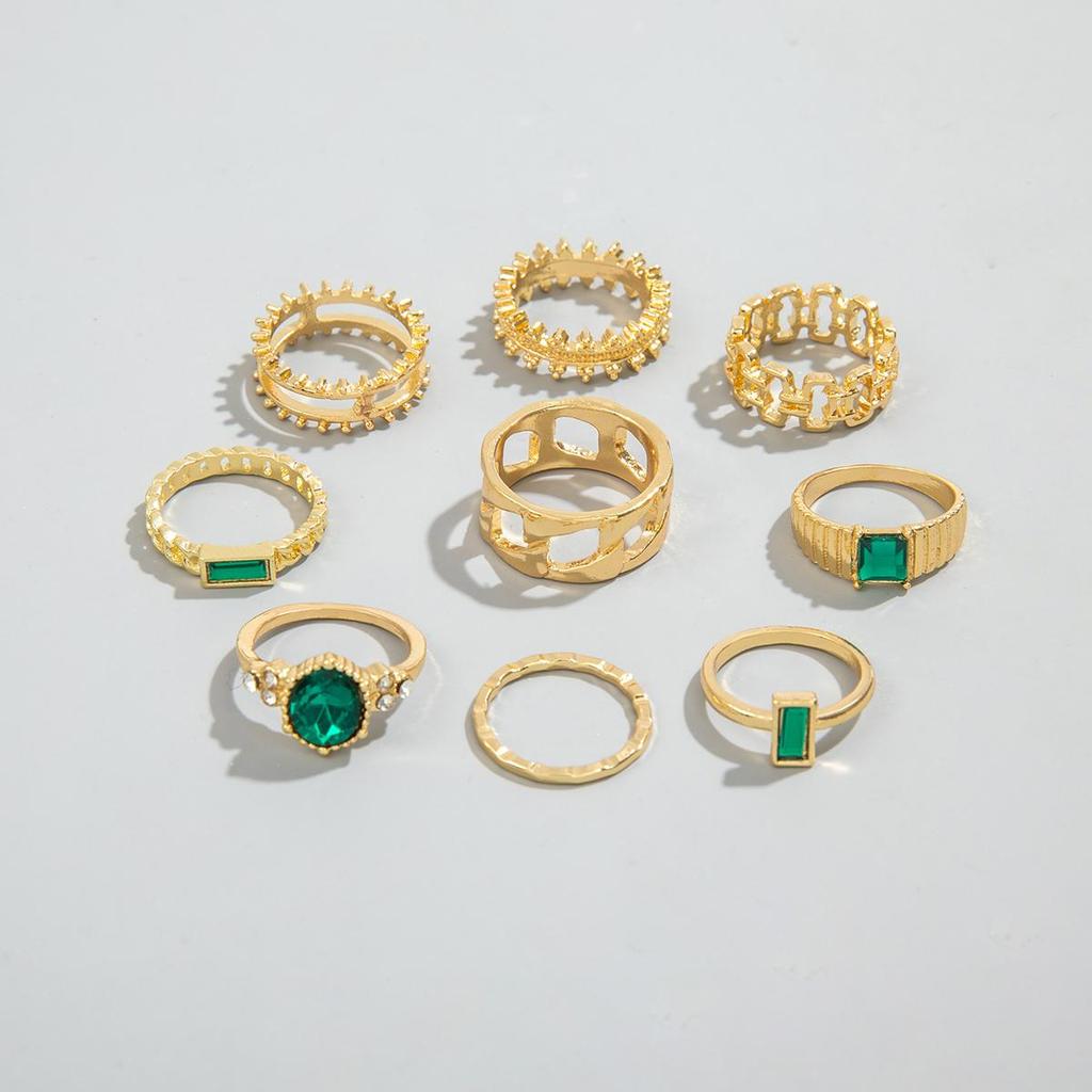 Cross Border French Retro Imitation Grandmother Emerald Joint Ring Women's Jewelry Niche Design Hollow Geometric Ring