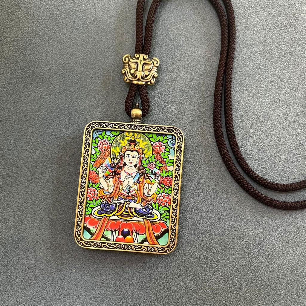 Thangka Pendant Necklace - Yellow & Black Guardian Buddha Amulet