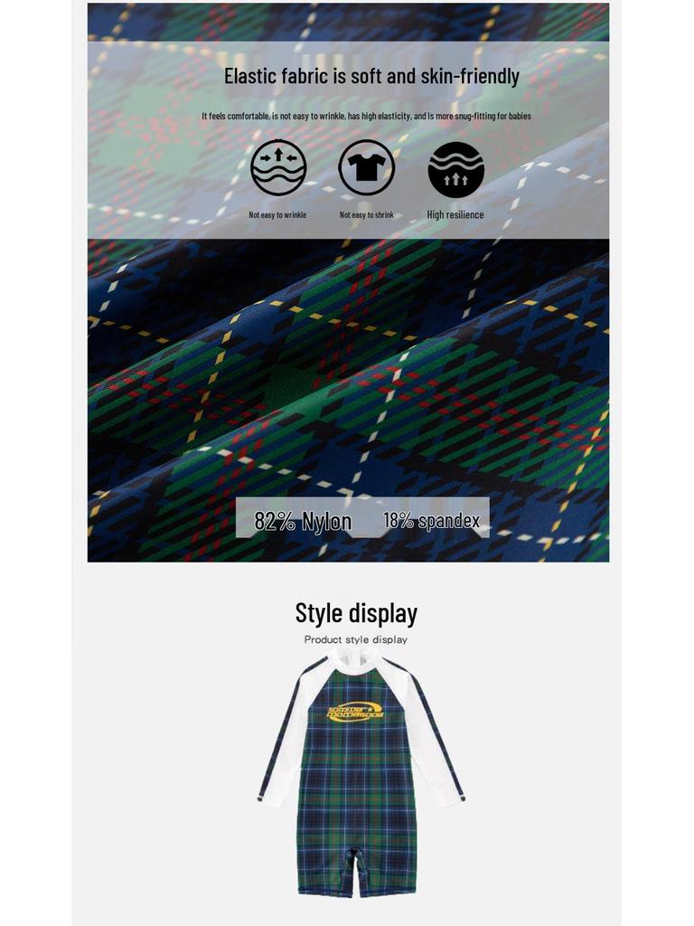 Children's Long Sleeve Plaid Patchwork One-Piece Swimsuit - Quick-Drying Swimwear for Beach & Holiday