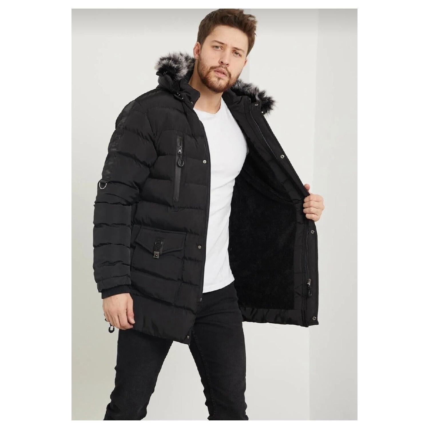 

Men s Slim Fit Puffer Hooded Fur Coat Green S чёрный