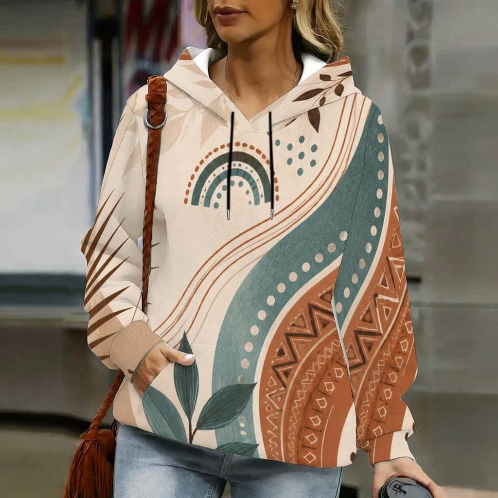 Women Plus Size White Blue Gray Printed Long Sleeve Drawstring Hood Kangaroo Pocket Pullover Hoodie