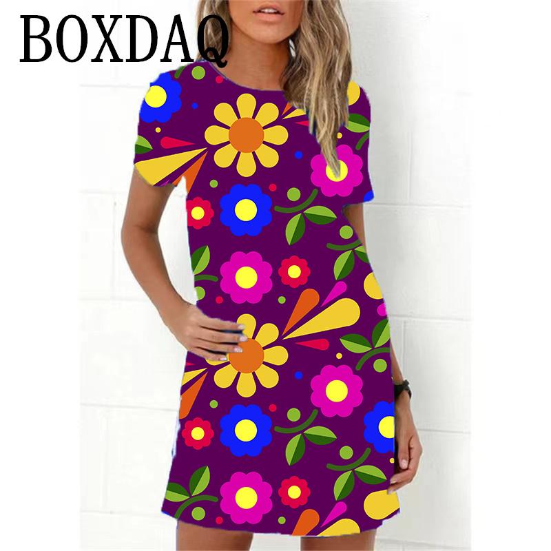 2023 Neues Sommer Damenkleid Retro Hippie 60er Vintage Flower Power Lockeres A-Linien-Kleid Lässig Übergroß Damen 3D-Druck Minikleid