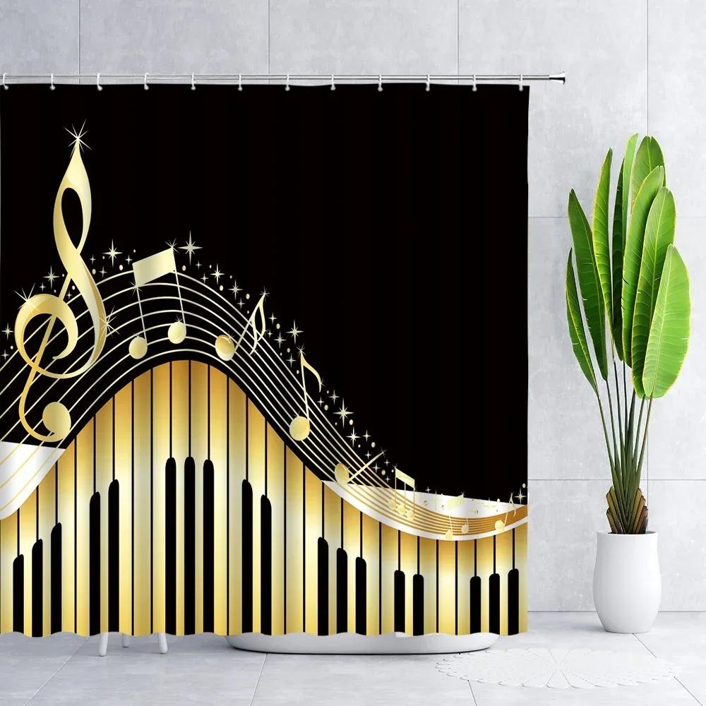 Music Shower Curtain,Black And White Music Notes Bathroom Shower Curtains Polyester Fabric Fashion Gray Bathroom Set With Hooks