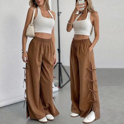 Women Autumn Winter Street Casual Pocket Side Split Bandage Solid Color High-Waisted Straight-leg Pants