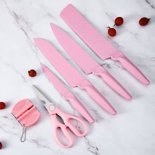 CHUYIREN Kitchen Knife Set, Pink Knife Set, High Carbon Stainless Steel Non-Stick Coated Chef Knife Set with Scissors and Sharpener for Women and Girl